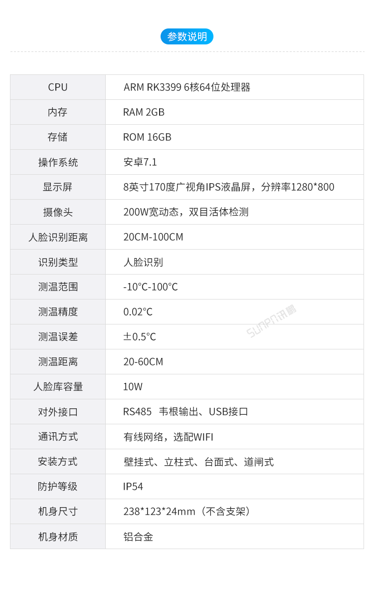 人臉識別測溫一體機產品參數(shù)